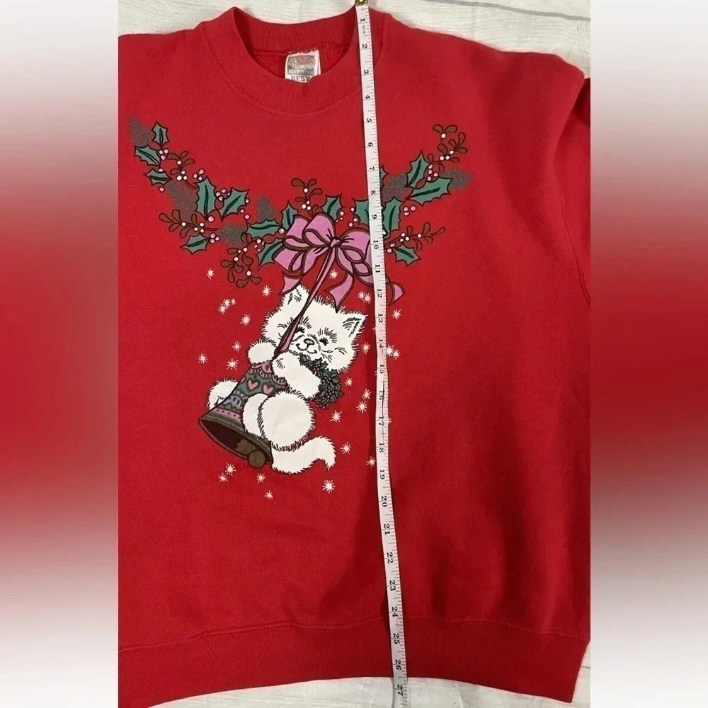 Vintage Fruit Of‎ The Loom Best Ugly Christmas Sweatshirt  Red Cat Belle size L - Picture 9 of 13